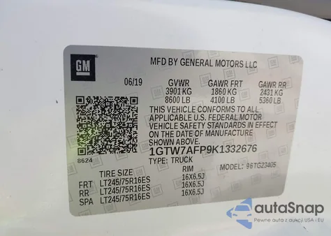 2019 GMC Savana 2500 Work Van z USA, uszkodzony, nr VIN 1GTW7AFP9K1332676